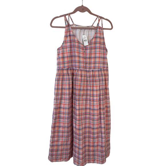 Loft NWT Women’s Size 2 Pink Plaid Strappy Button Midi Shiff Dress 100% Cotton - Picture 1 of 5